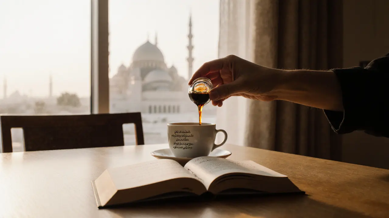 A bottle of date syrup and a book of poetry sit beside a cup of coffee at dawn, symbolizing a meaningful connection.