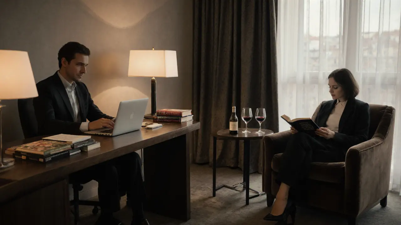 A client works at a desk while a companion reads quietly in a luxurious hotel suite, no physical contact.