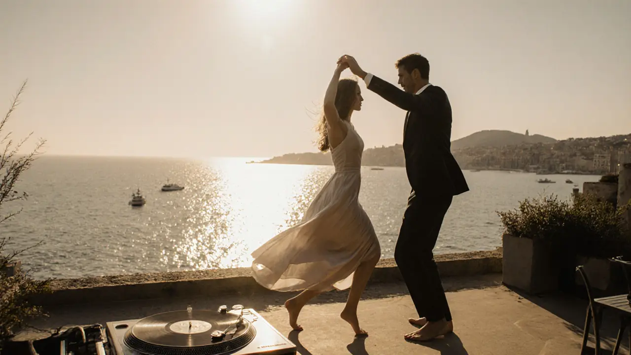 A couple dances quietly on a rooftop terrace with the harbor glittering below.