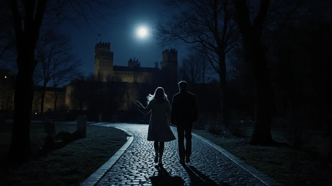 A couple walks peacefully under moonlight through the gardens of Sforza Castle in Milan, lost in thoughtful silence.
