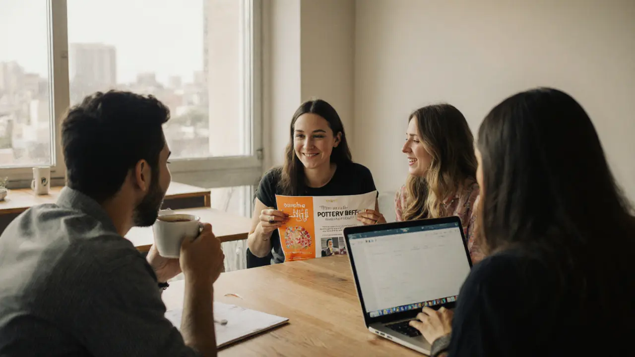 A diverse group of expats connecting in a sunny co-working space, one holding a flyer for a pottery class.