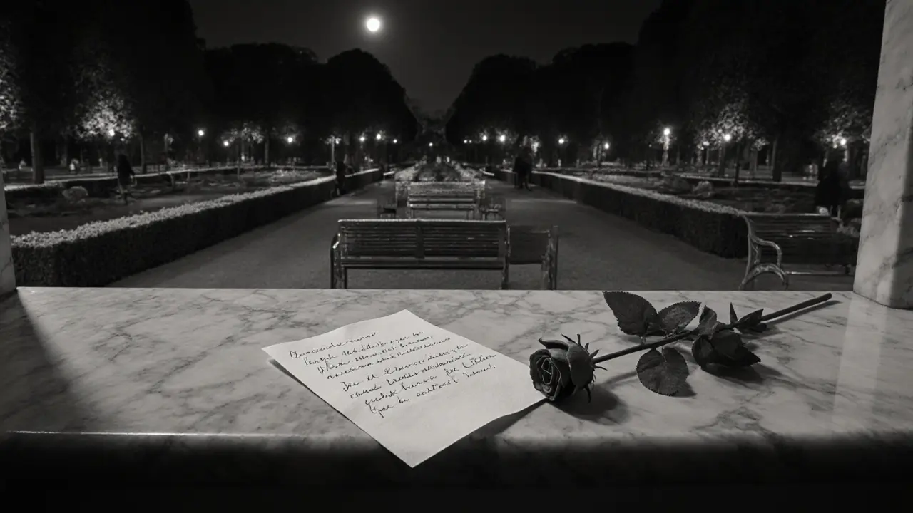 A handwritten note and a rose rest on a windowsill overlooking empty Luxembourg Gardens at night.