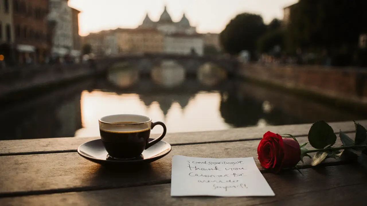 A handwritten note rests beside an espresso cup and rose, hinting at a meaningful evening in Milan&#039;s twilight.