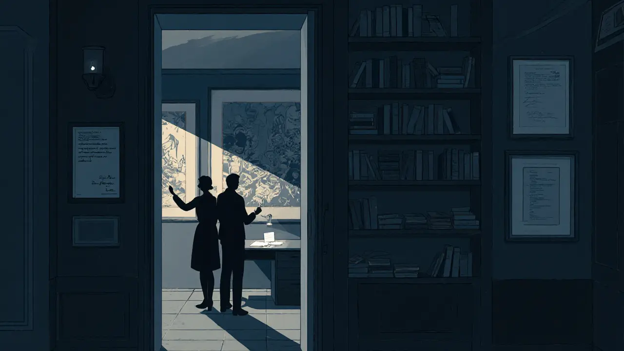 A hidden archive room in Berlin reveals banned GDR art, two figures silhouetted at the doorway under soft lamplight.