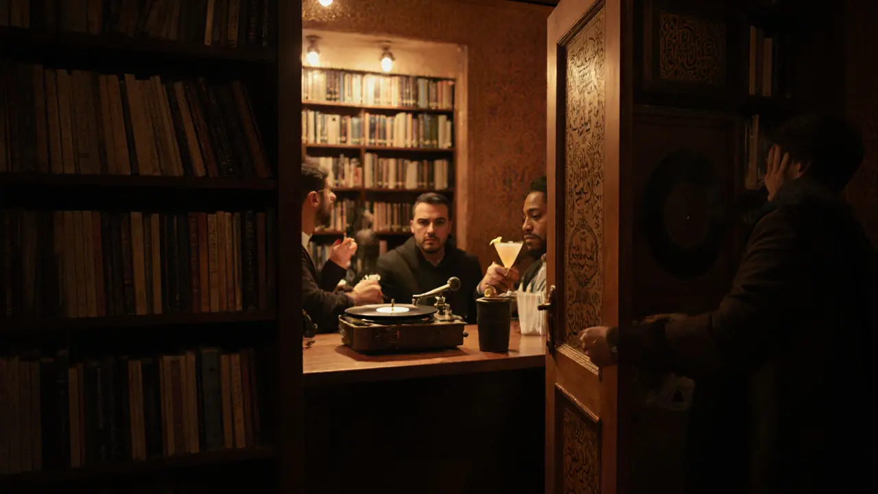 A hidden speakeasy with warm lighting, patrons drinking cocktails, and a vintage record playing Emirati music.
