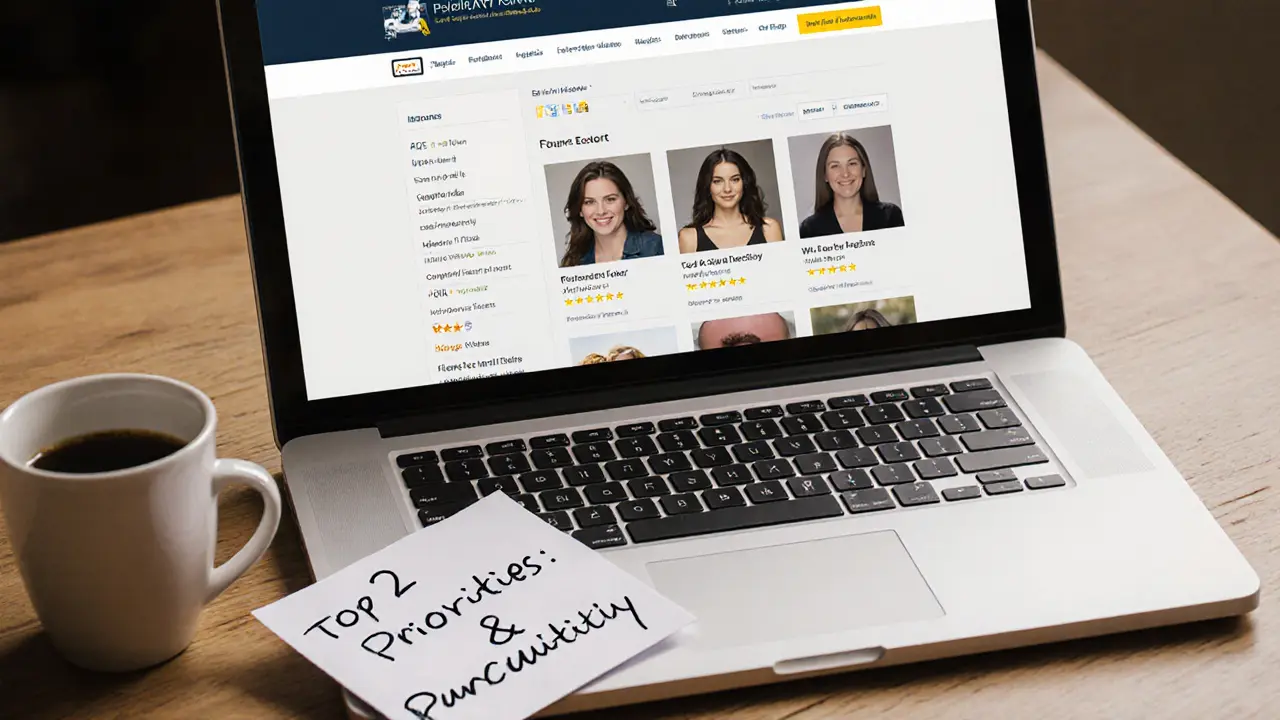 A laptop displays a verified escort directory with reviews, next to a note listing priorities for a safe meeting.