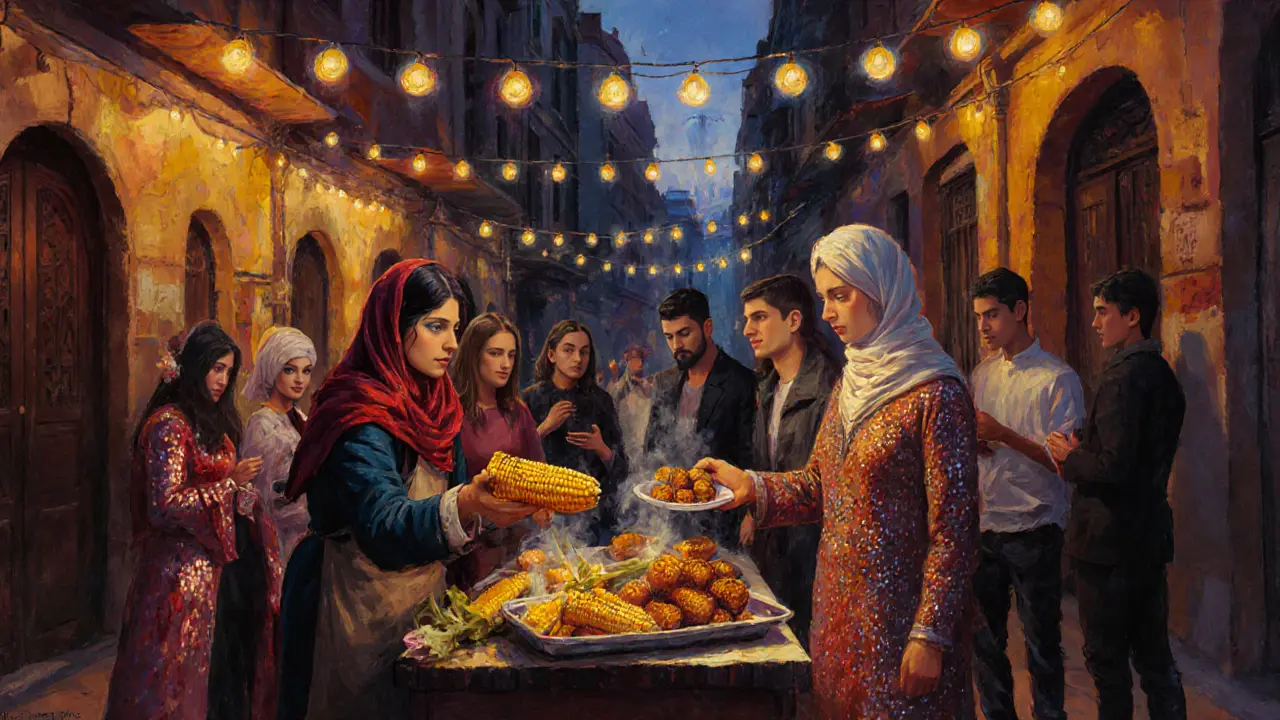 A late-night street food stall in Karaköy serving grilled corn and kibbeh to a mixed group including a drag queen and locals.