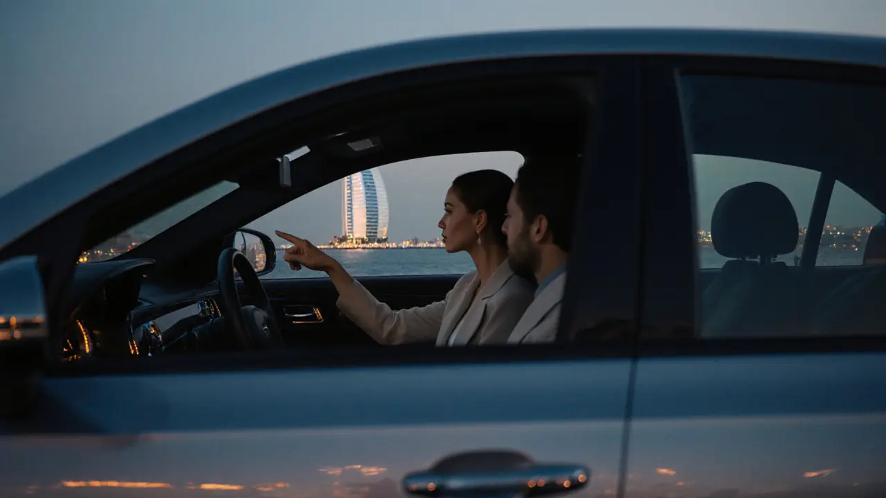 A luxury car driving along Jumeirah Beach Road at dusk, Burj Al Arab visible in the reflection.