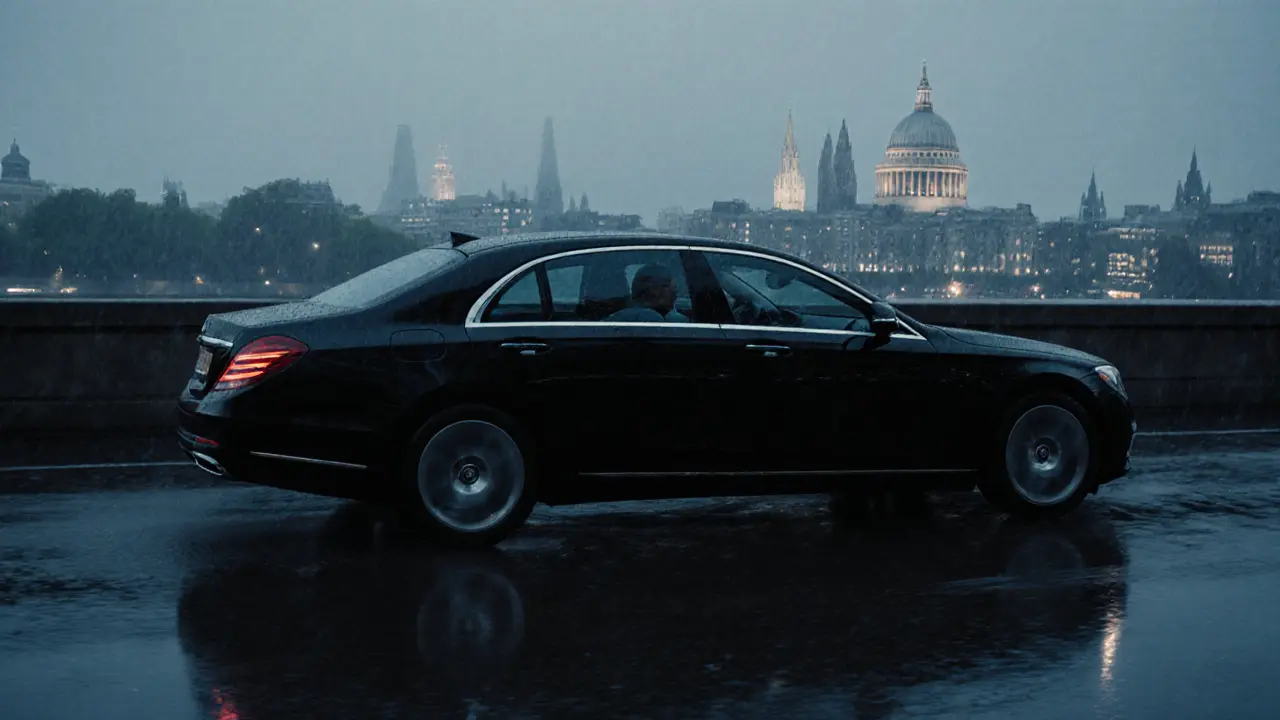 A luxury sedan driving along the Thames at dusk, windows tinted, city lights glowing in the mist.