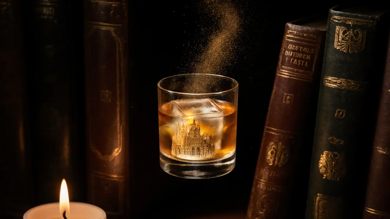 A magical floating cocktail with a tiny cathedral ice cube in a hidden bar behind a bookshelf.