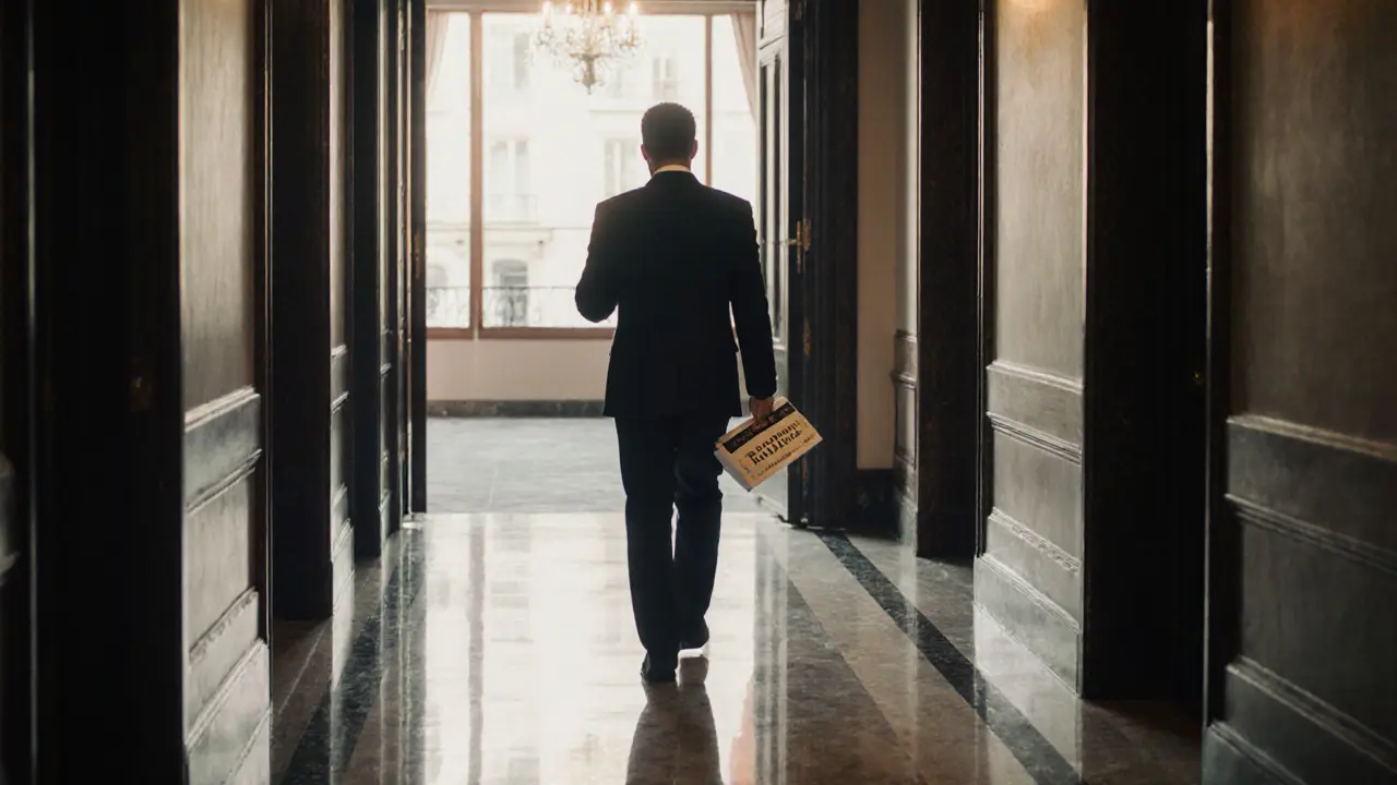 A man walking away from a hotel suite at dawn, holding a pastry box, reflection visible in polished floor.