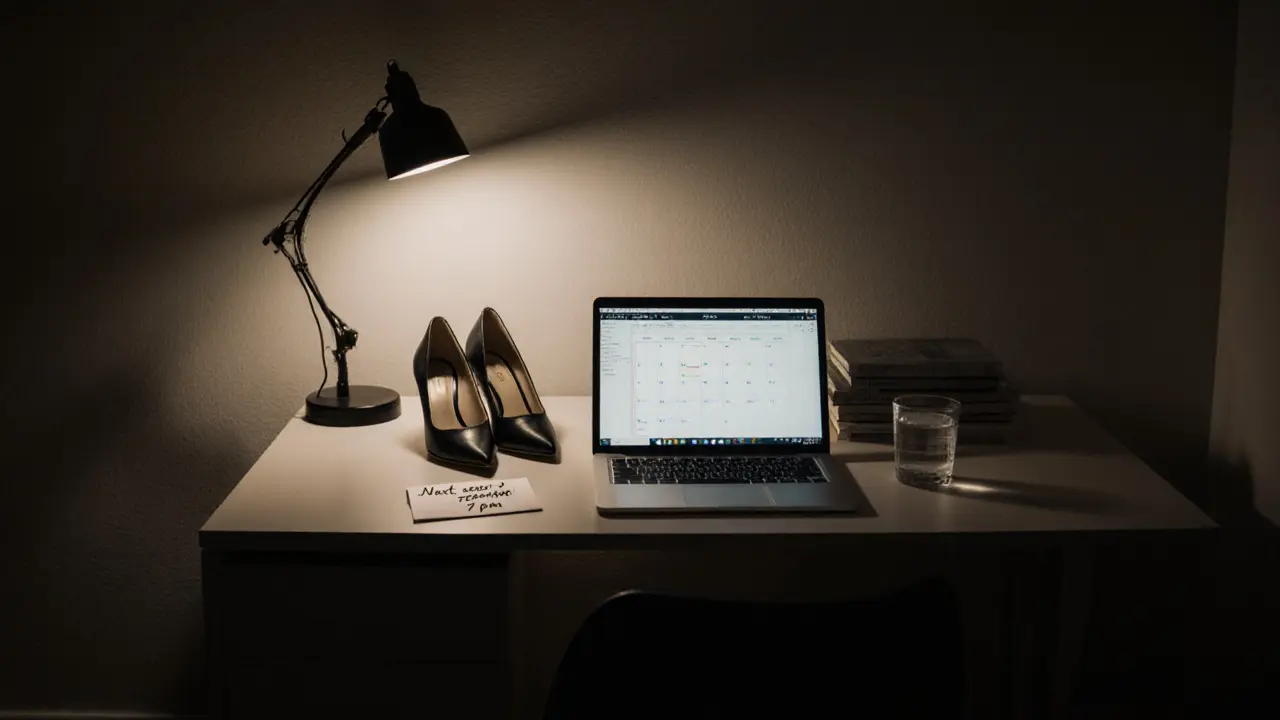 A neatly organized desk in a London apartment with a calendar, books, and heels, suggesting a professional companion&#039;s quiet routine.