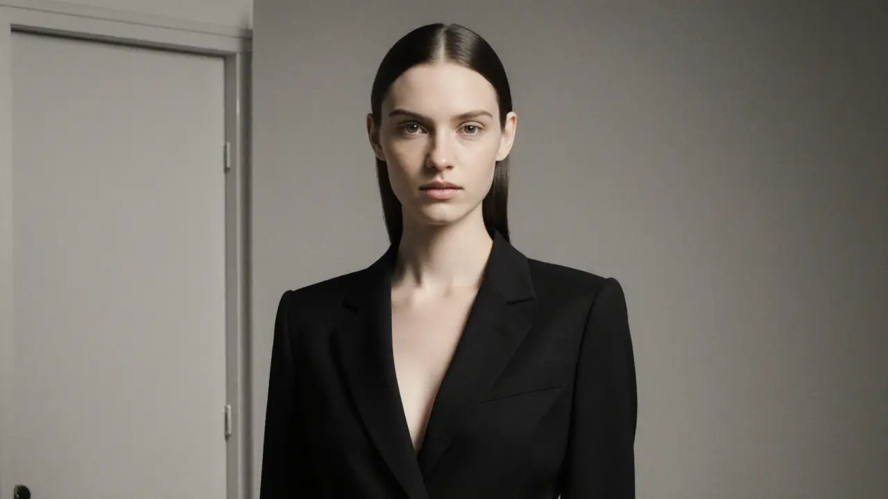 A poised woman in a black dress being photographed in a minimalist studio, no identifying details.