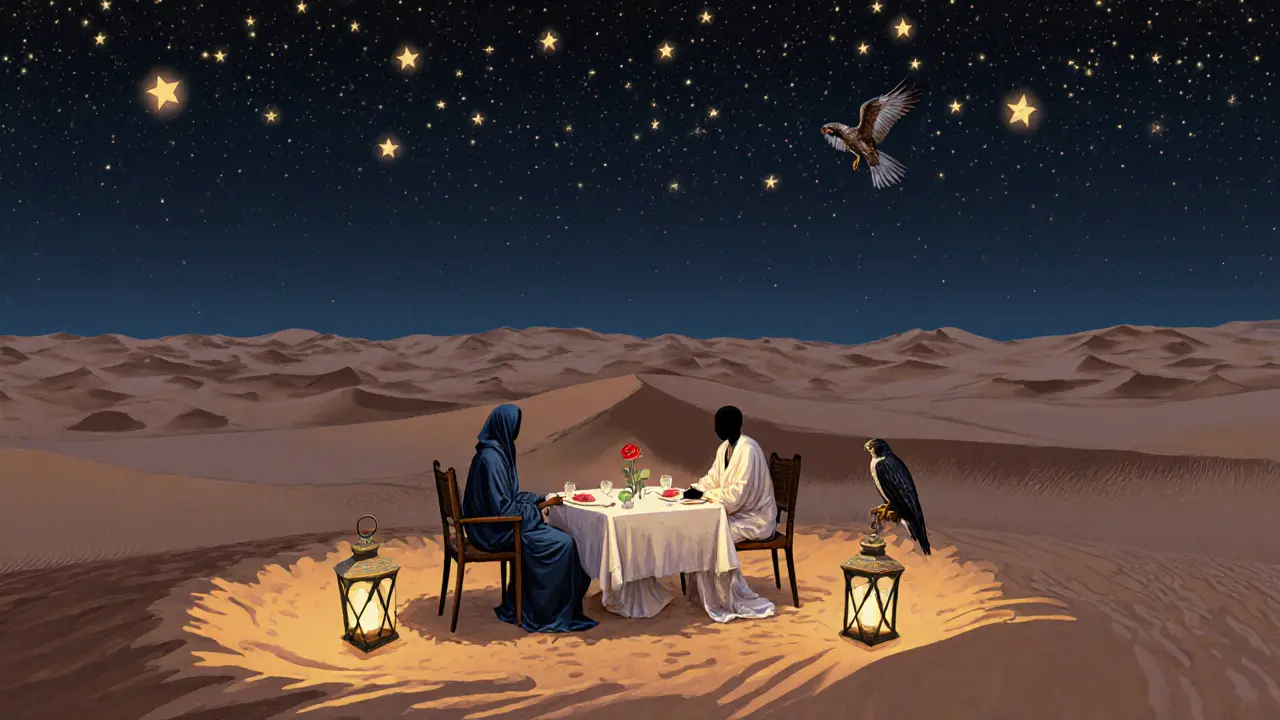 A private dinner under the stars on desert dunes, with lantern light and a falcon nearby.
