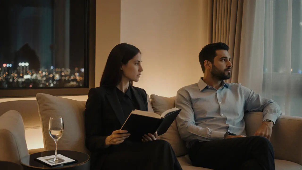 A professional companion and client sharing a peaceful moment in a modern Abu Dhabi apartment, no physical contact.