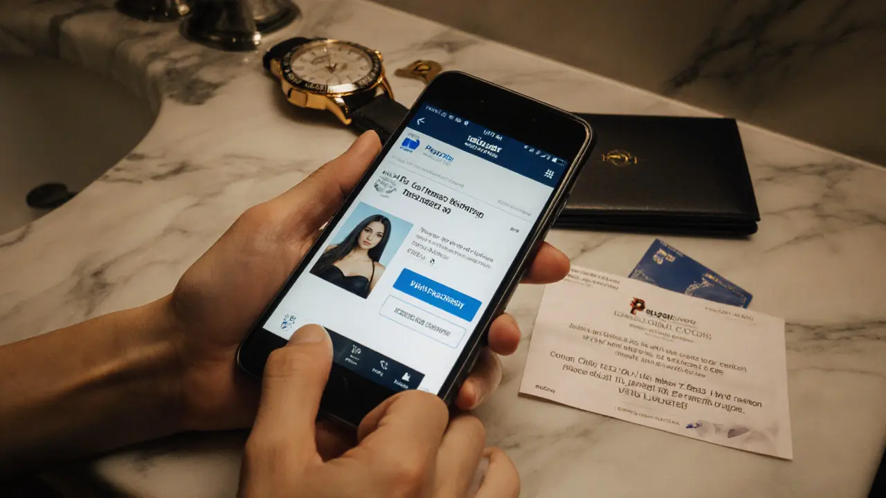 A smartphone showing a professional escort agency profile and PayPal receipt on a marble counter with a watch and keycard.