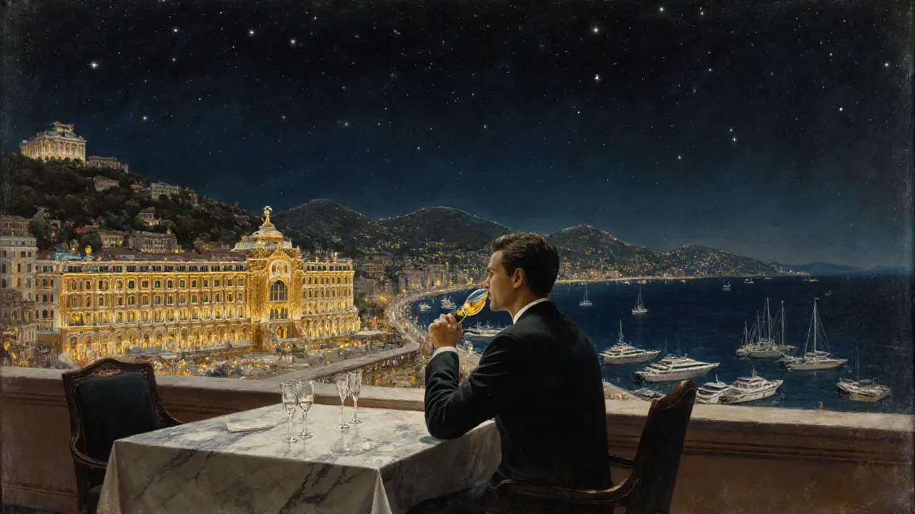 A solitary figure overlooking Monaco&#039;s harbor from a gilded rooftop bar at night.