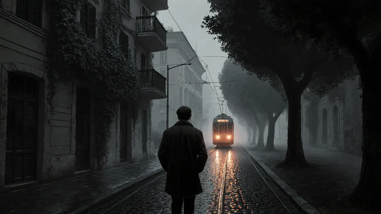 A solitary figure walking away at night in Navigli, misty streets and distant tram lights behind.