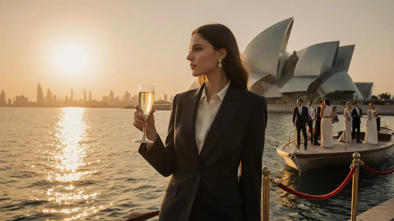 A sophisticated woman beside a private dhow at sunset, with the Guggenheim Abu Dhabi in the distance.