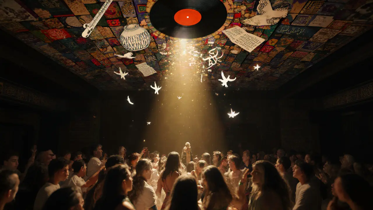 A surreal dance floor where cultural symbols swirl above a unified crowd in an underground queer club.