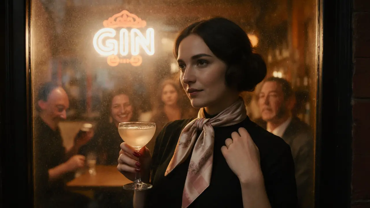 A woman stands outside a hidden gin bar in Shoreditch, holding a cocktail, warm misty lighting.