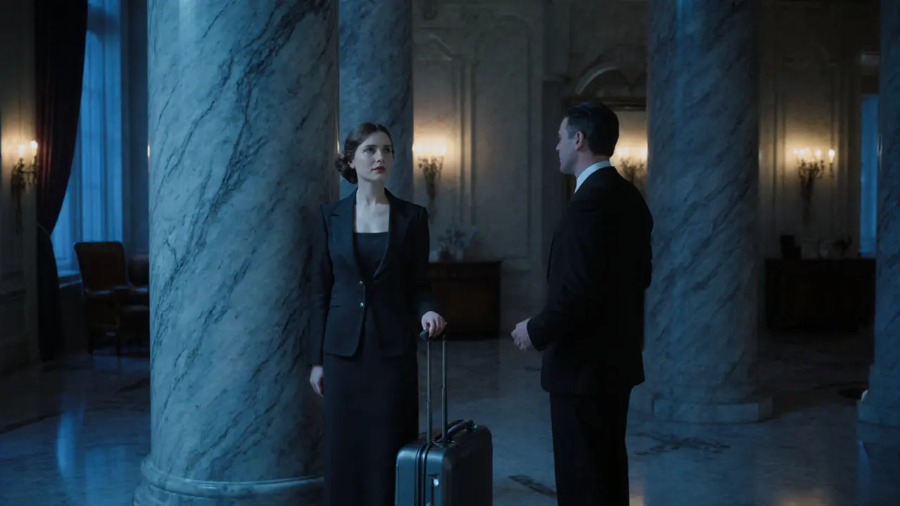 A woman waits gracefully in a luxurious hotel lobby, preparing to meet her companion for a romantic evening.