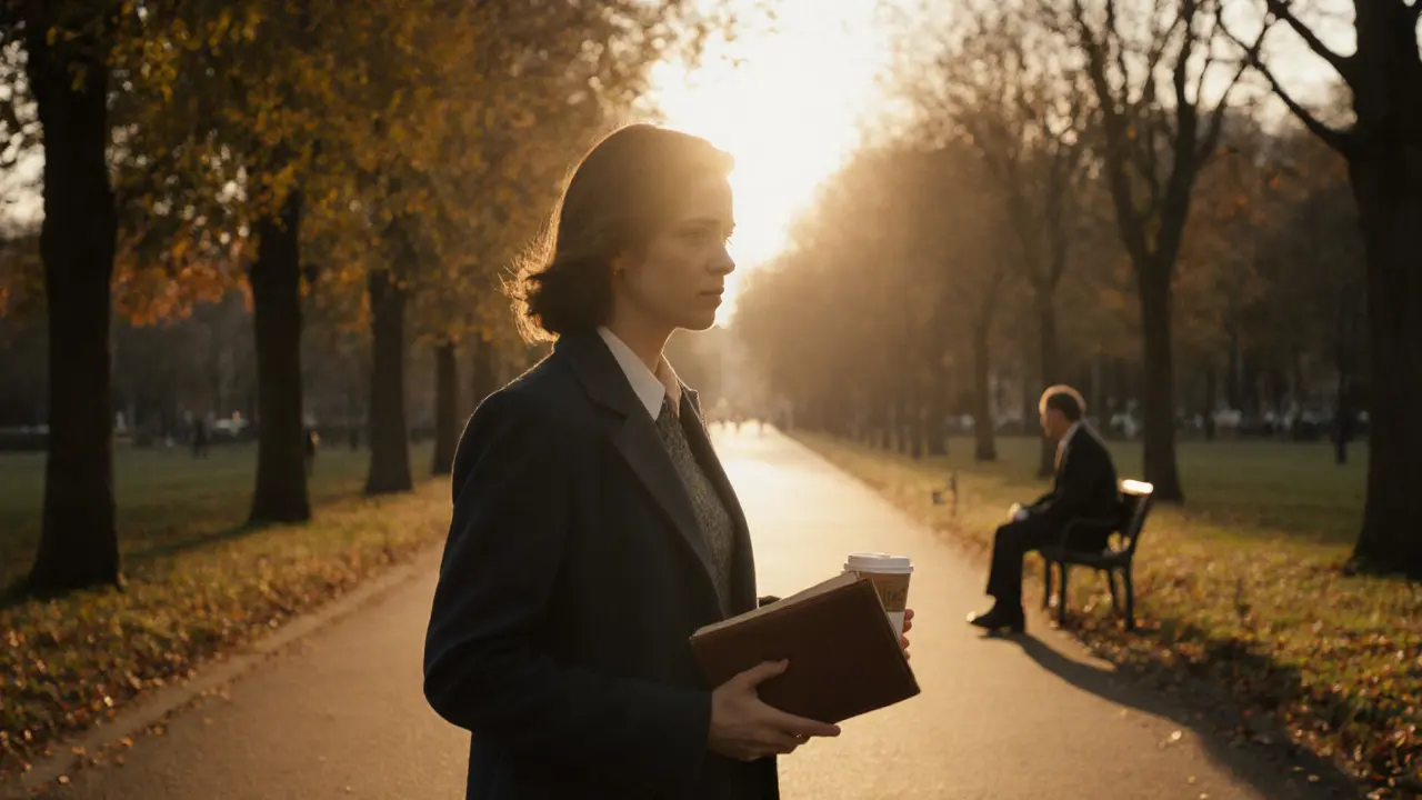 A woman walking alone through Hyde Park at sunset, holding a book and coffee, golden light filtering through autumn trees.