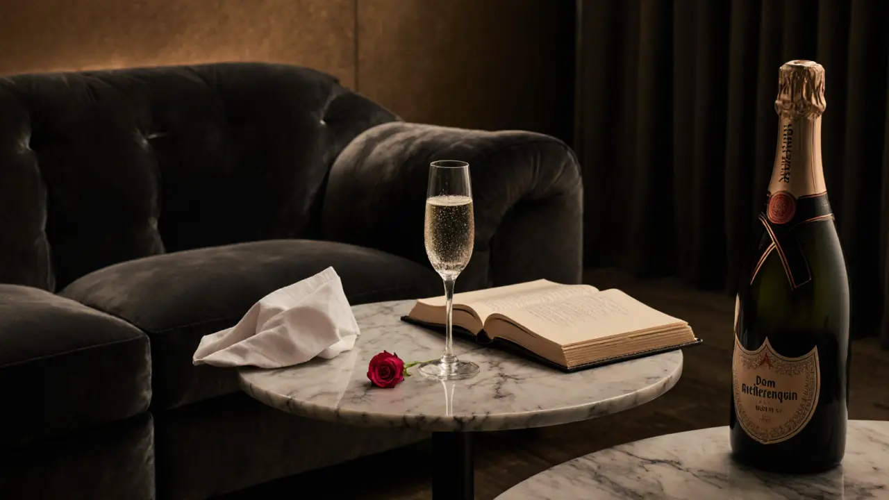 An elegant lounge with velvet couches, a champagne bottle, and a rose petal on a marble table, no people present.