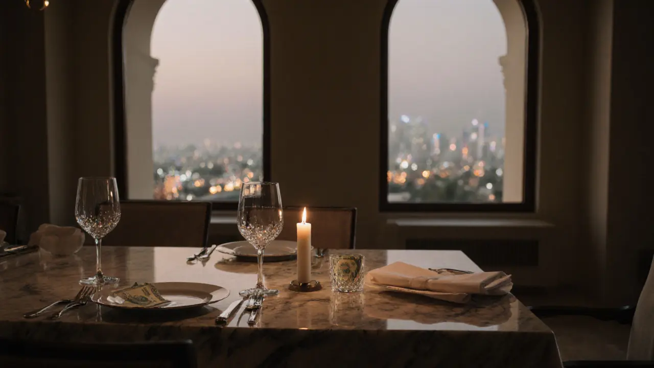 An empty fine dining setting in a private villa, with a cash envelope and wine glass suggesting a discreet encounter.