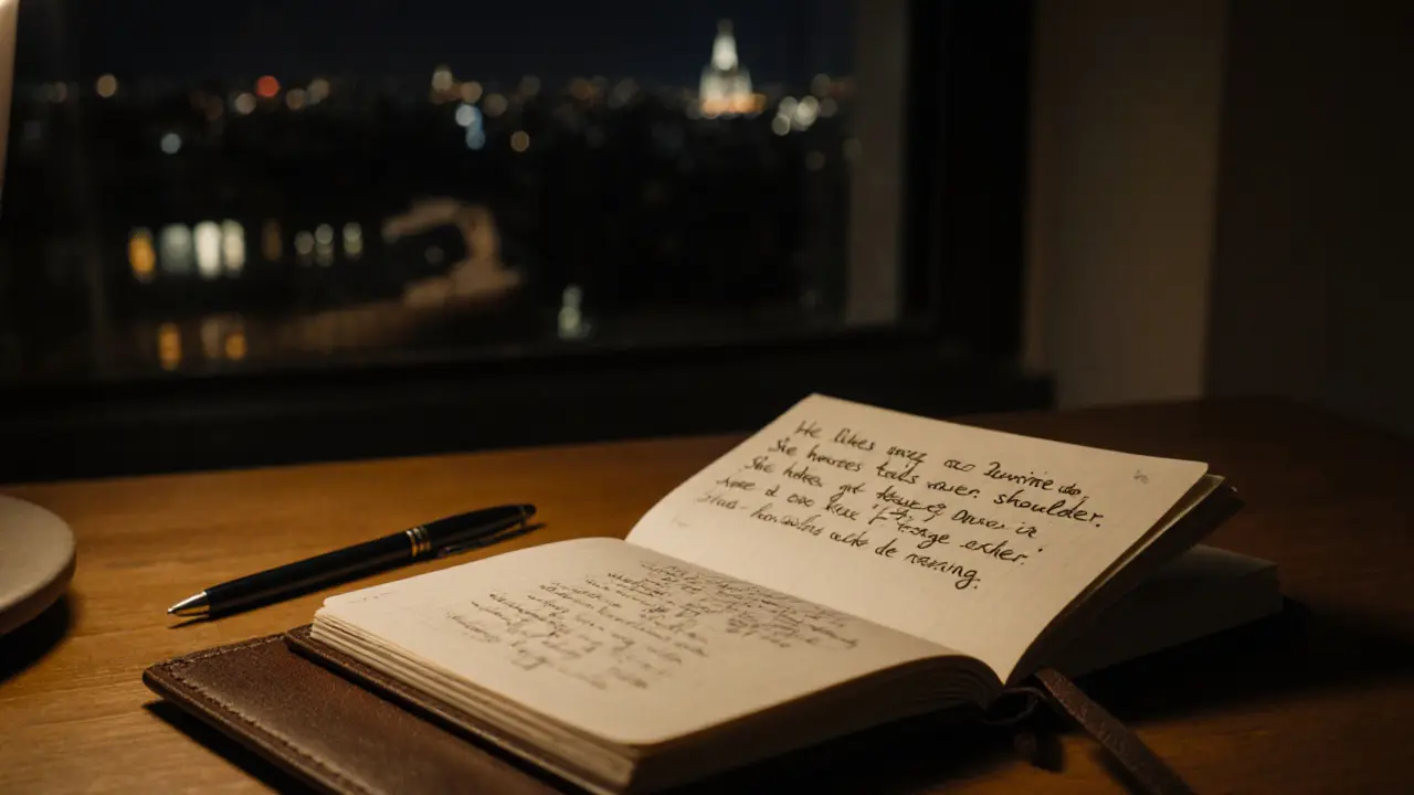 An open notebook with handwritten notes on client preferences, a pen beside it, symbolizing emotional intelligence and attentiveness.