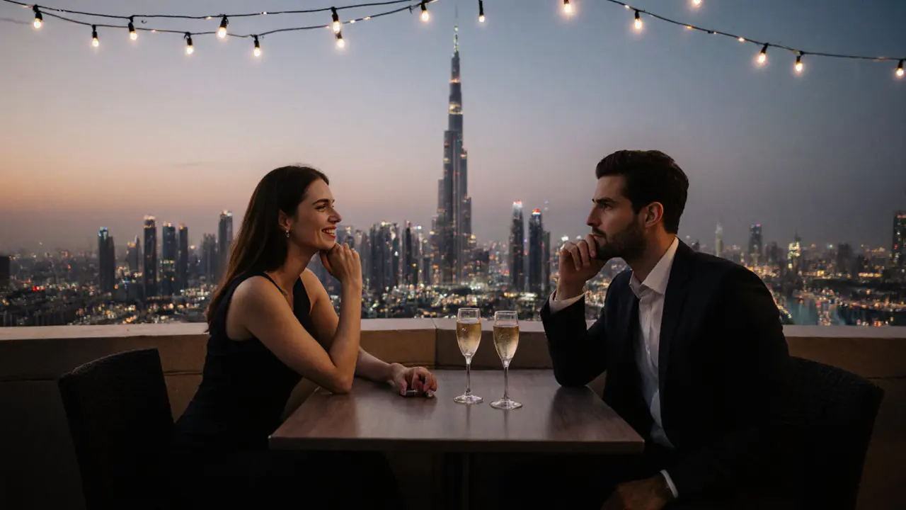 Couple having quiet conversation on a rooftop bar overlooking Dubai’s skyline.