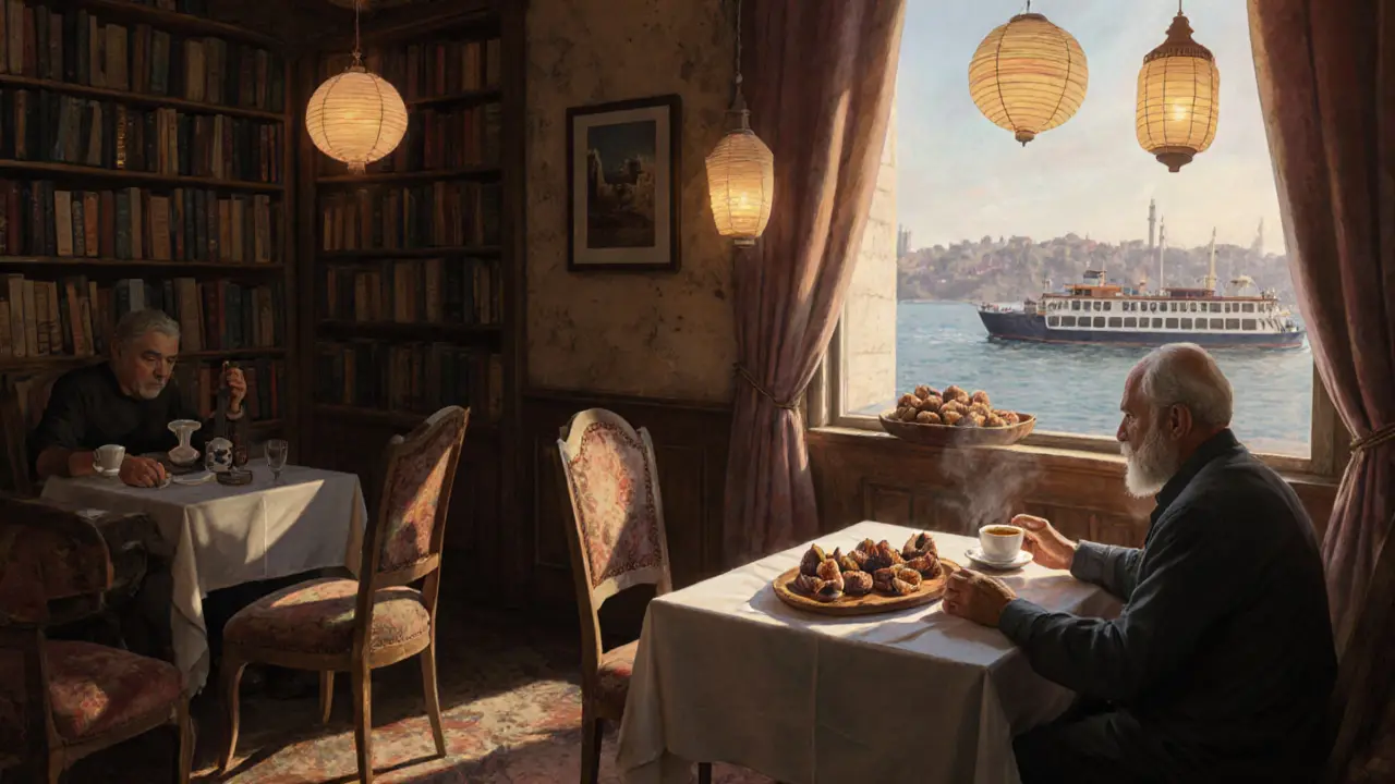 Cozy café with armchairs, oud player by window, and traditional Turkish coffee being served.