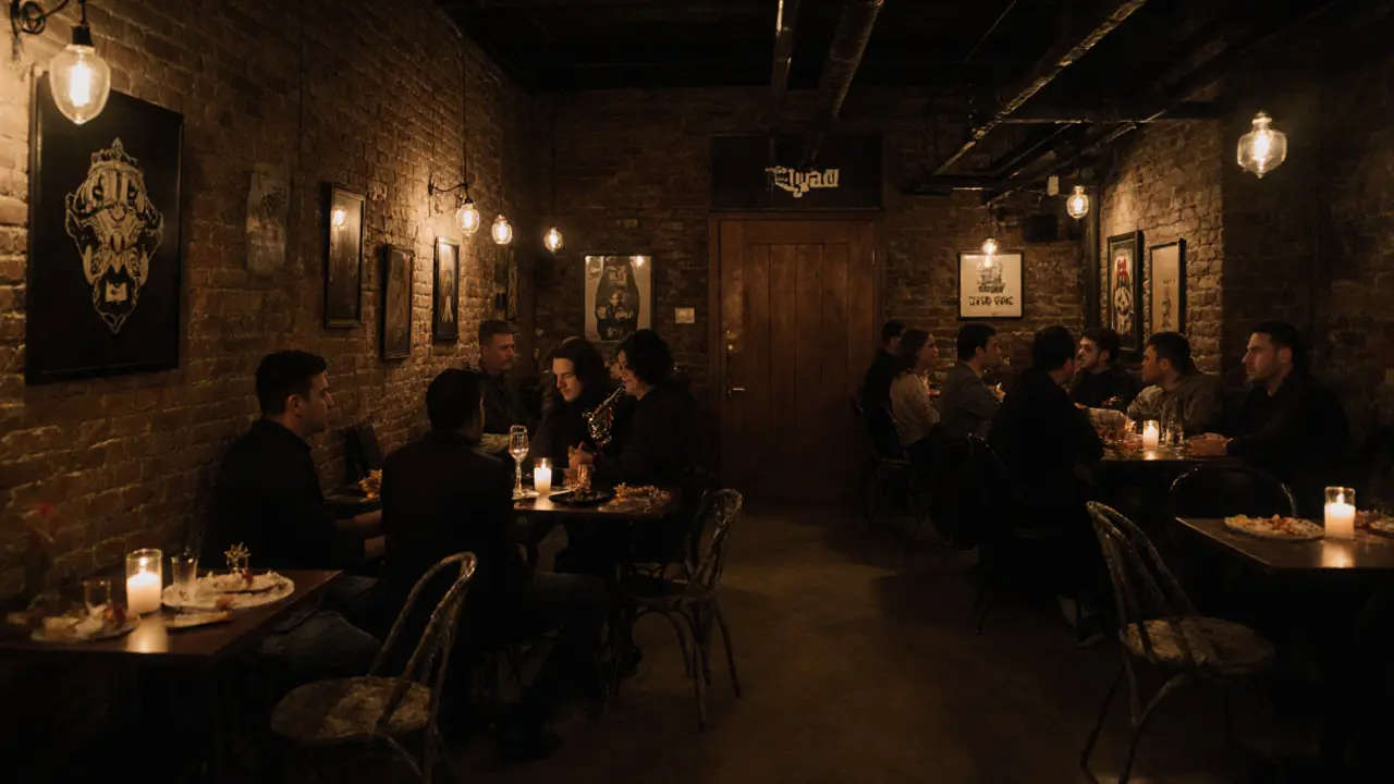 Cozy hidden bar with vinyl records and candlelight, patrons enjoying jazz and mezze in a warehouse.