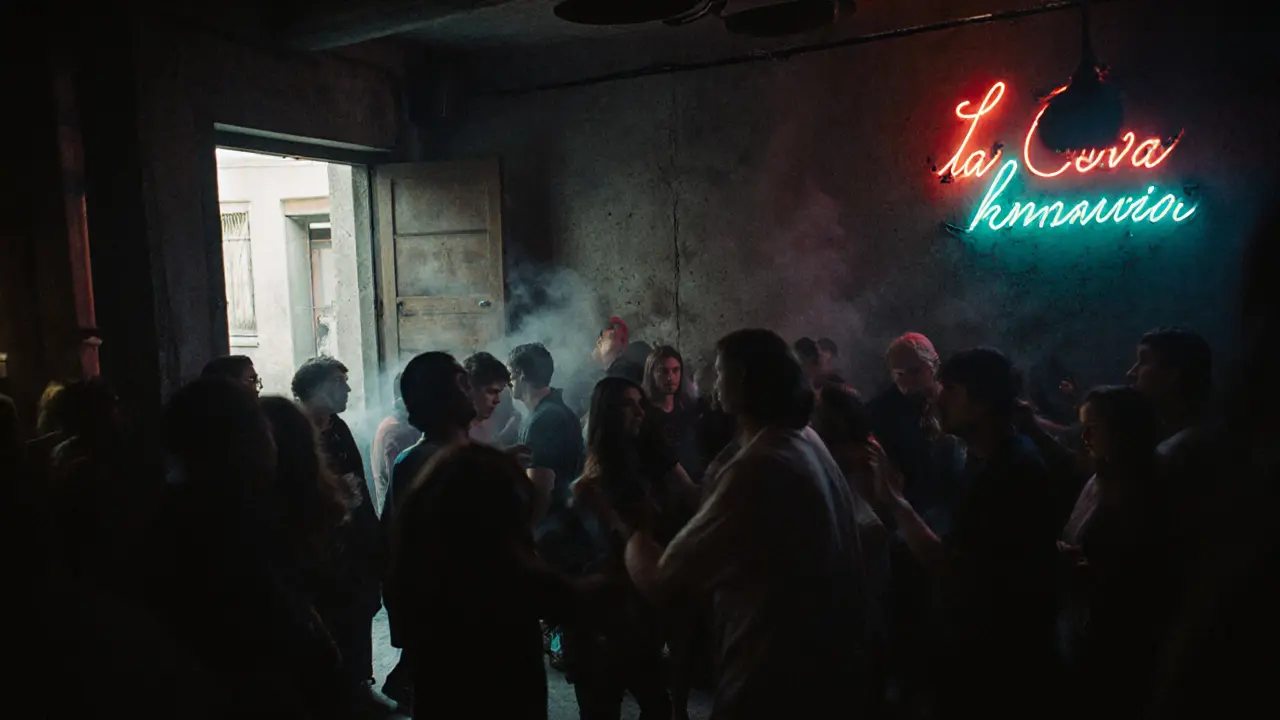Crowd dancing in a dim warehouse club with neon lights and vintage posters, raw urban vibe.