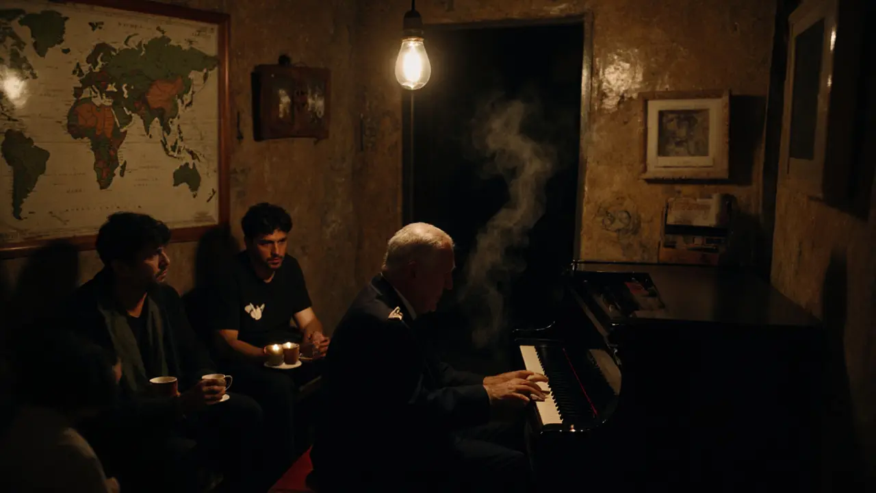 Dim underground lounge with a man playing piano, sailors listening quietly by candlelight.