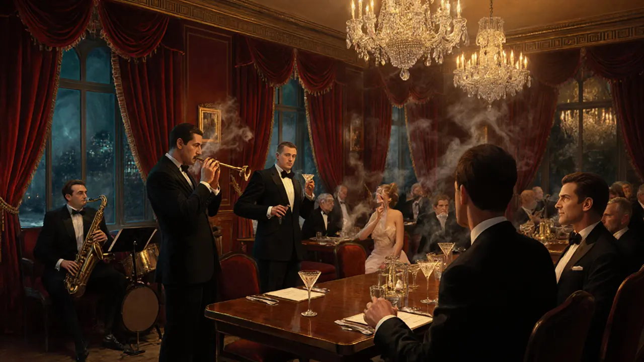 Elegant 1960s-style lounge with guests in formal attire sipping golden cocktails.