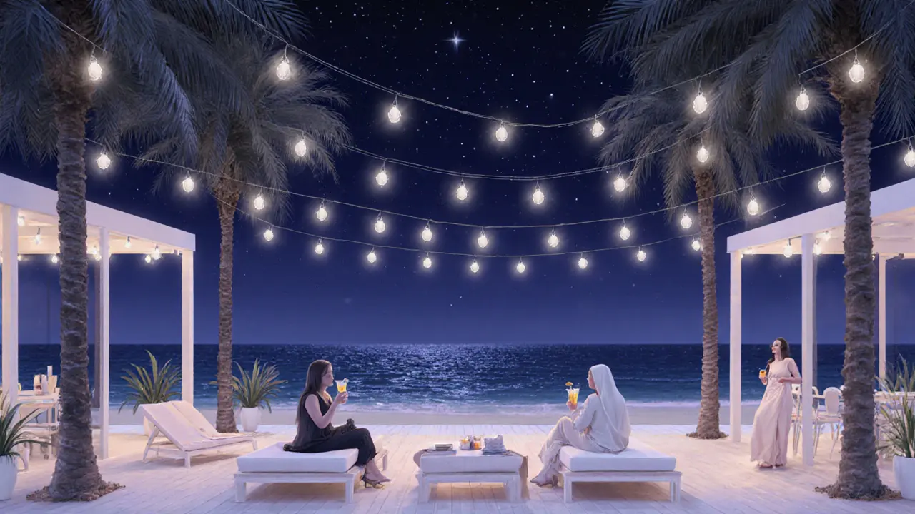 Elegant beach lounge at night with string lights and couples relaxing by the ocean.