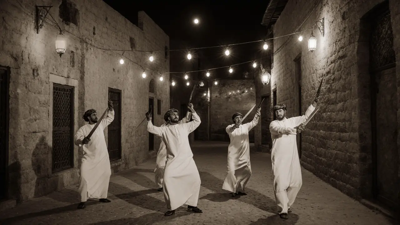 Emirati men performing traditional Yowlah sword dance at night in Al Fahidi&#039;s historic alleyways.