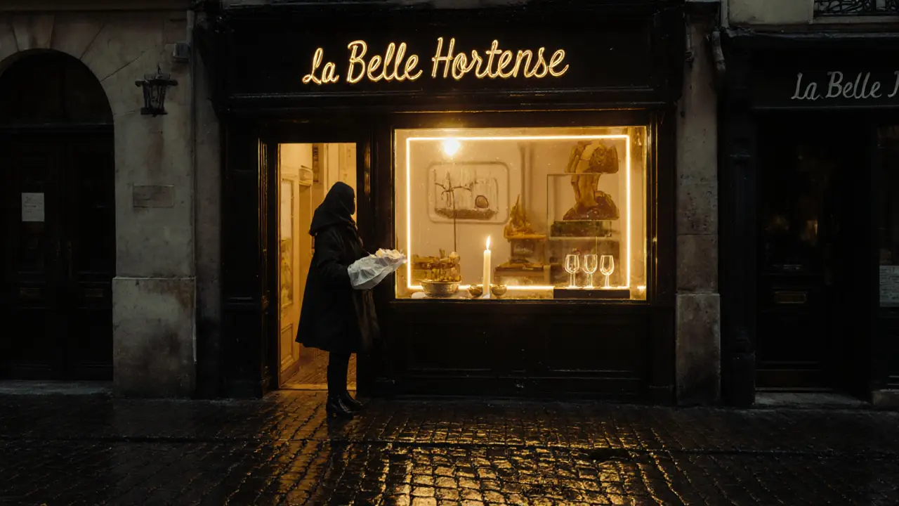 Empty Paris street at 3 a.m. with glowing bistro window and a person holding a sandwich wrapped in wax paper.