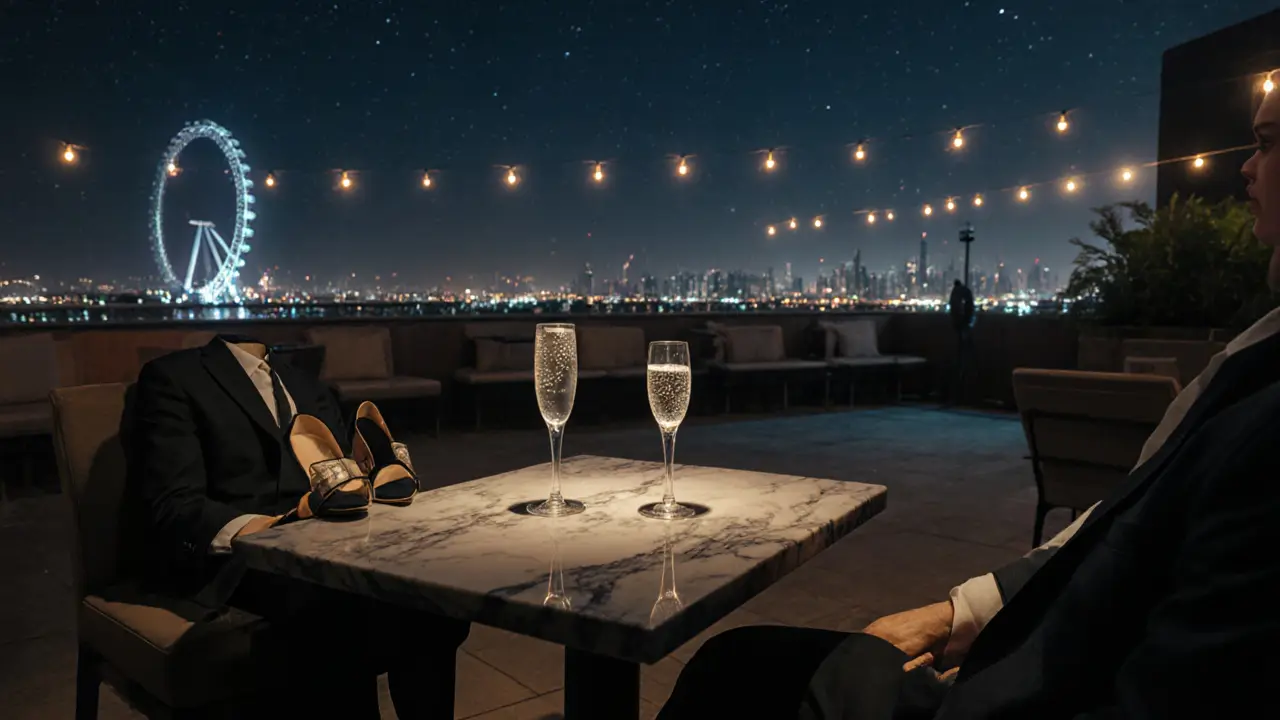 Empty rooftop lounge at 3:30 AM with champagne glass, starry sky, and faint city lights, silent and opulent.