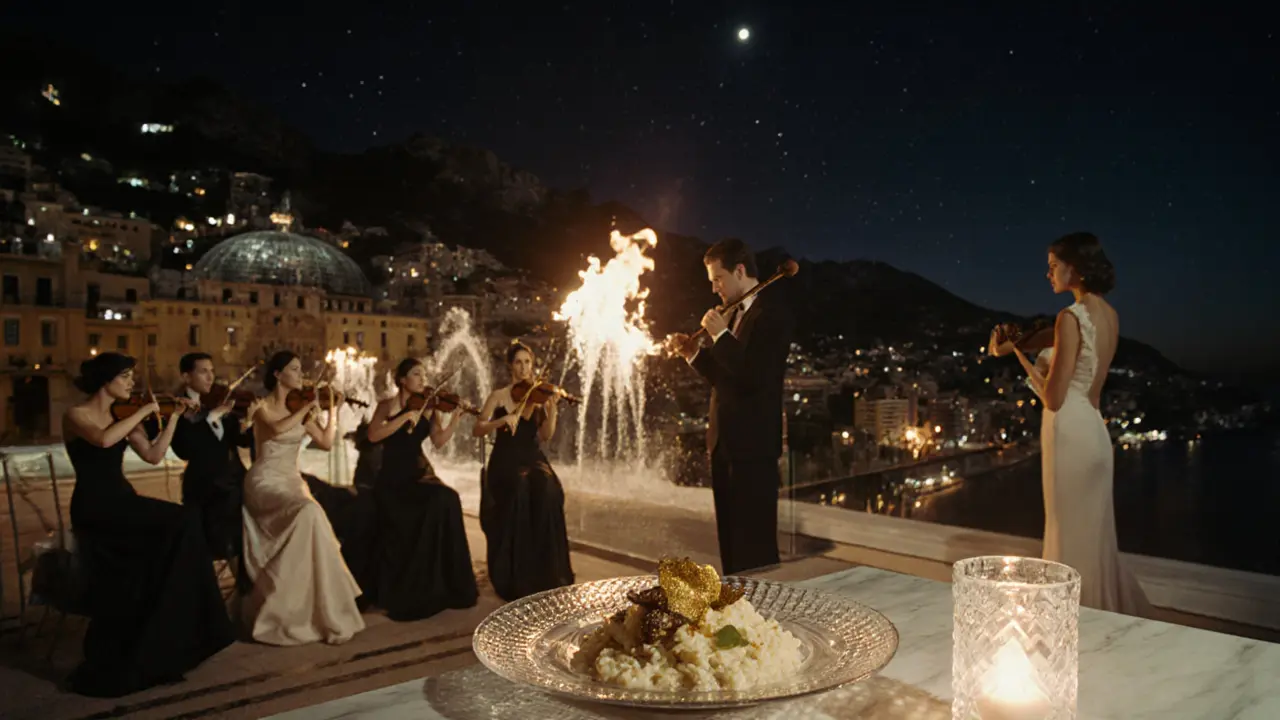 Exclusive rooftop gala at Prince’s Palace with guests, string quartet, and fire dome under starry night sky.