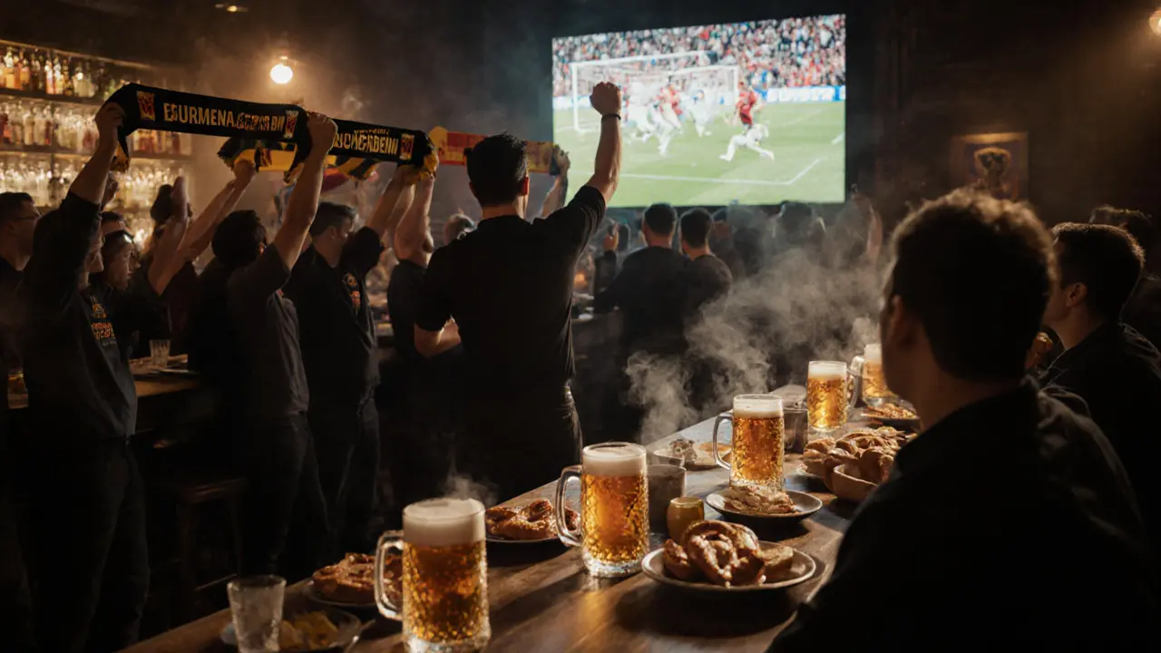 Fans chanting at The Loft during a European soccer match with scarves, pretzels, and steins on tables.