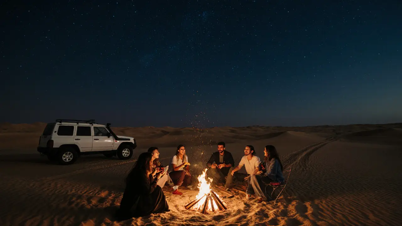 Friends gathered around a bonfire in the desert at night, music playing as stars shine above.