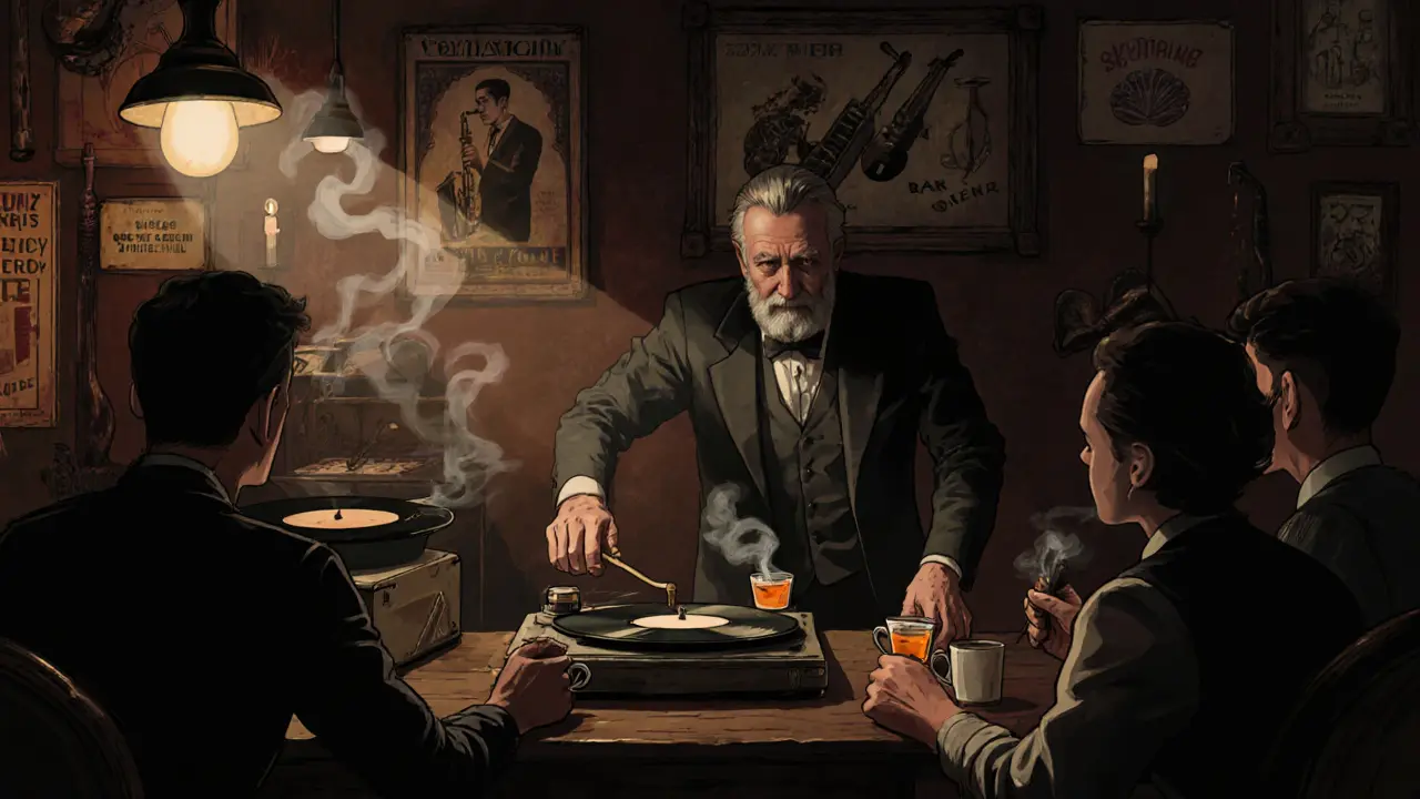 Hidden bar in Cihangir with a jazz drummer serving whiskey in teacups under warm, dim lighting.