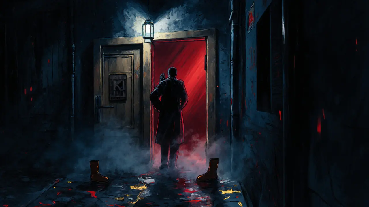 Hidden entrance to Klub 21 club in a dark alley, a bouncer nodding as someone enters.