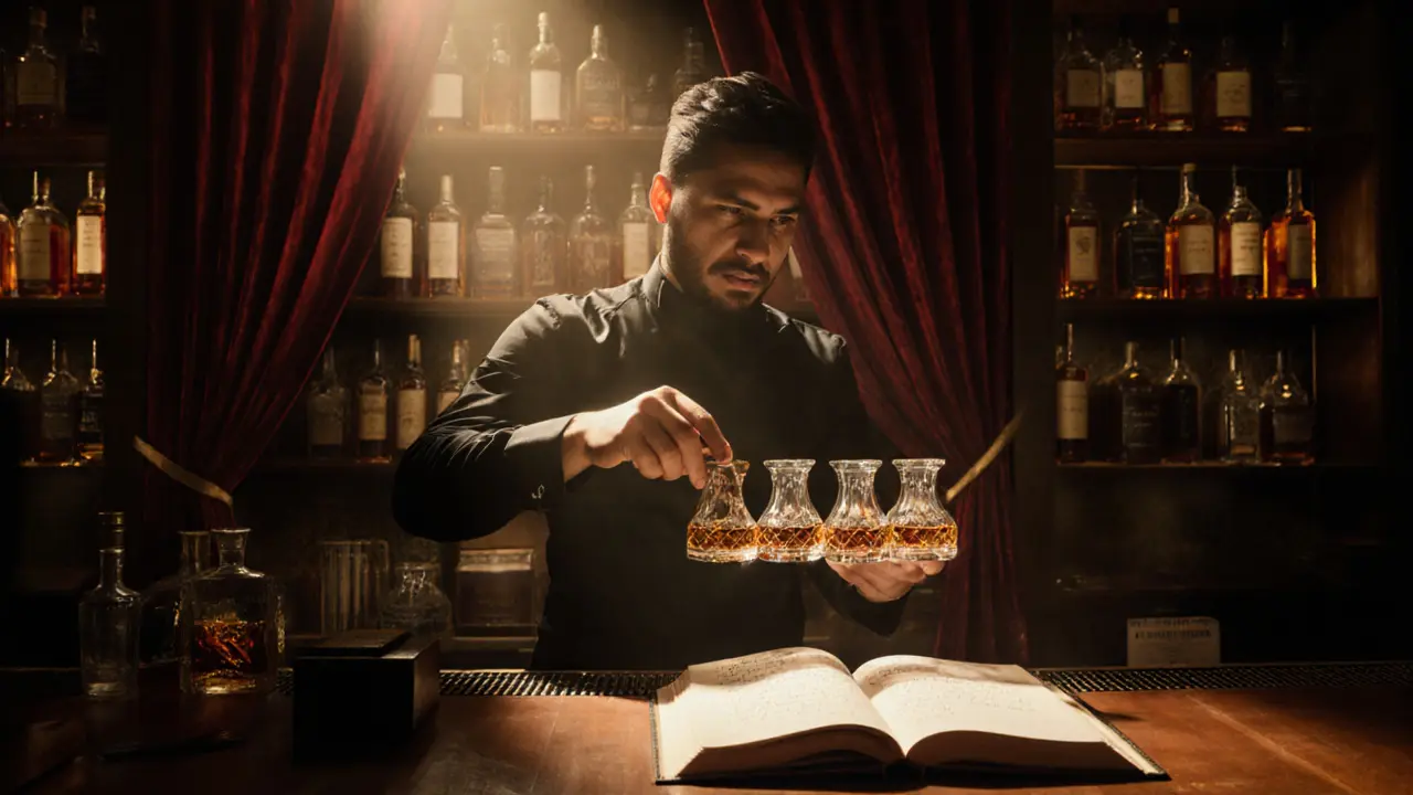 Hidden speakeasy behind a bookshelf, bartender serving whiskey in warm dim light.