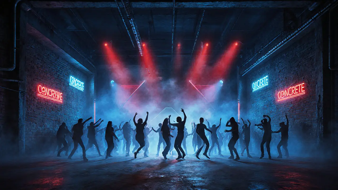 Industrial nightclub with dancers silhouetted under strobing lights in a vast concrete space.