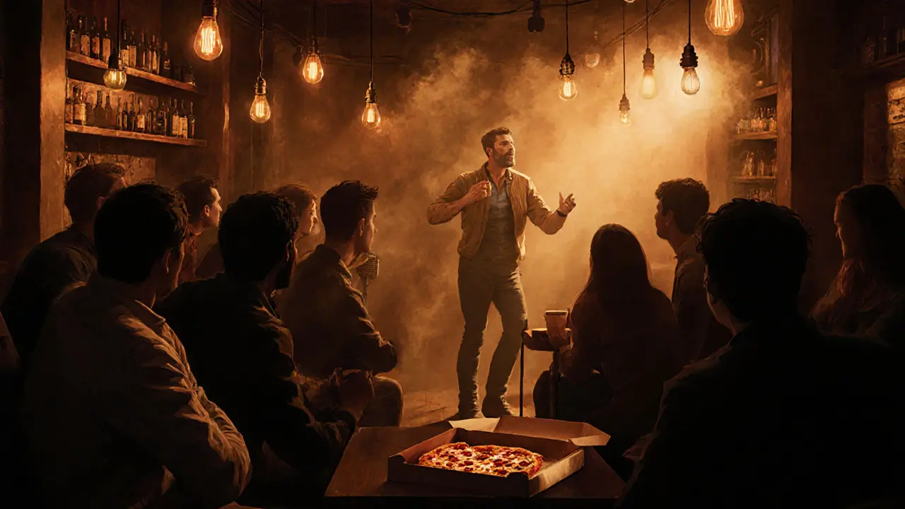 Intimate bar scene with a comedian performing under warm lights, patrons enjoying pizza.