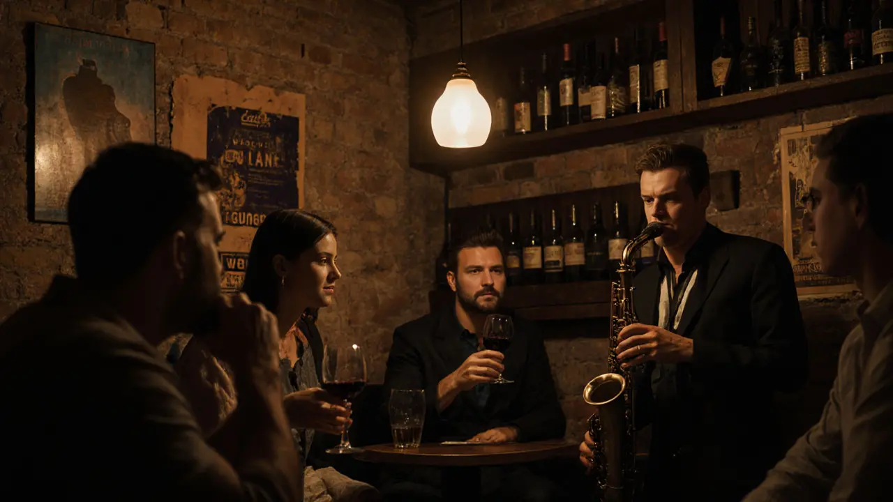 Intimate jazz bar in Monaco&#039;s Old Town with a saxophonist playing under a warm lamp, patrons enjoying wine in dim light.
