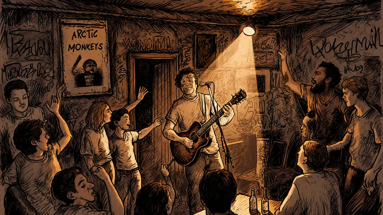 Intimate pub scene with a live band and locals cheering in a graffiti-covered room.
